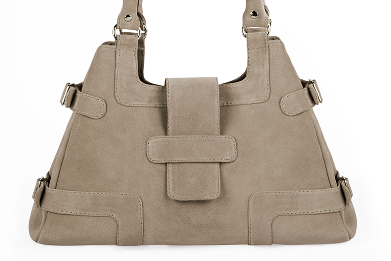 Sand beige women's dress handbag, matching pumps and belts. Profile view - Florence KOOIJMAN